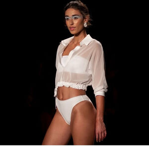 Shan Women's Cropped Long-Sleeve Mesh Shirt Sheer top beige